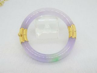 18K Gold Translucent Lavender,  Green Jadeite Jade Hinged Bangle Bracelet 63MM 2