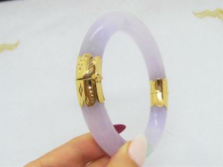 18K Gold Translucent Lavender,  Green Jadeite Jade Hinged Bangle Bracelet 63MM 6