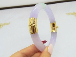 18K Gold Translucent Lavender,  Green Jadeite Jade Hinged Bangle Bracelet 63MM 7