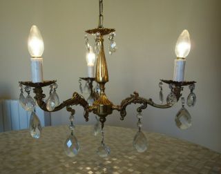 Vintage Cast Bronze and Crystals 3 - arm French Chandelier,  c1960s. 11