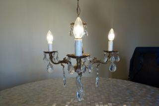 Vintage Cast Bronze and Crystals 3 - arm French Chandelier,  c1960s. 12
