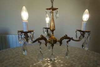 Vintage Cast Bronze And Crystals 3 - Arm French Chandelier,  C1960s.