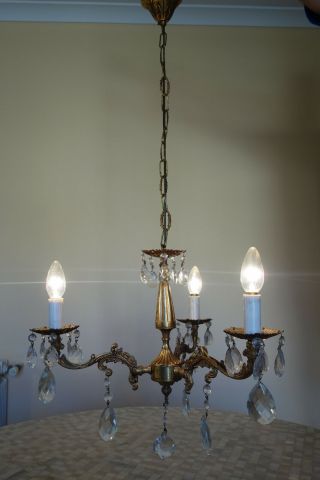 Vintage Cast Bronze and Crystals 3 - arm French Chandelier,  c1960s. 4