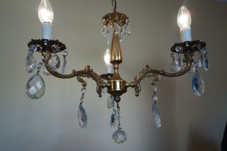 Vintage Cast Bronze and Crystals 3 - arm French Chandelier,  c1960s. 6