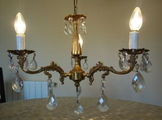 Vintage Cast Bronze and Crystals 3 - arm French Chandelier,  c1960s. 8