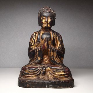 Antique Old Buddha Carved Wood Paint