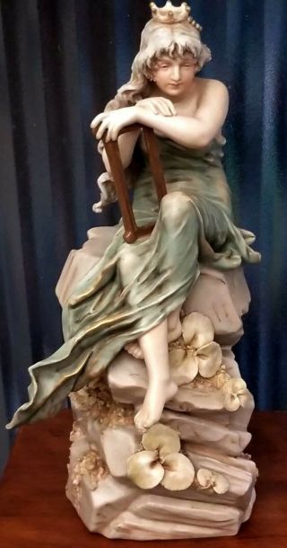 Royal Dux Siren Queen Of The Sea Lady Sitting On Rocks Crown Pearls Lyre C1900