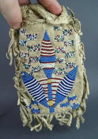 Fantastic Antique 19c Native American Indian Plains Beadwork Beaded Leather Bag