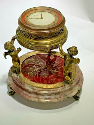 Antique Rare Gubelin Lucerne French Bronze Dore & Marble Cherub Desk Clock