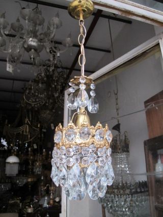 Antique Vintage French Brass Mini Crystal Chandelier Lamp 1940s 5,  6 In Dmtr