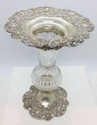 Redlich Antique Aesthetic Sterling Silver Cut Glass Floral Repousse Flower Vase