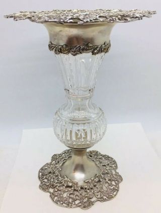 Redlich Antique Aesthetic Sterling Silver Cut Glass Floral Repousse Flower Vase 2