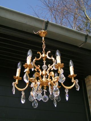 Very Decorative Vtg French 6 Lt " Cage " - Chandelier With Shining Pendants - Drops