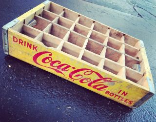 Vintage 1960’s Yellow Coke Coca Cola Wood Soda Crate 24 Dividers