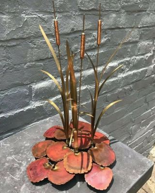 70’s Artisan Brass Copper Metal Cattails & Lilly Pads Sculpture Signed 12.  5”t