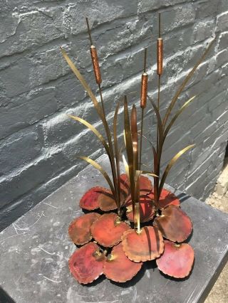 70’s Artisan Brass Copper Metal Cattails & Lilly Pads Sculpture Signed 12.  5”t 2