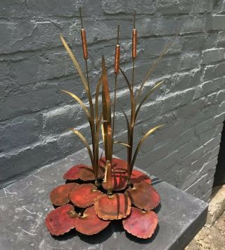 70’s Artisan Brass Copper Metal Cattails & Lilly Pads Sculpture Signed 12.  5”t 3