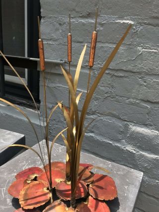 70’s Artisan Brass Copper Metal Cattails & Lilly Pads Sculpture Signed 12.  5”t 4