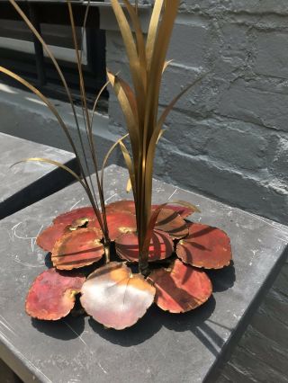 70’s Artisan Brass Copper Metal Cattails & Lilly Pads Sculpture Signed 12.  5”t 5