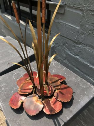 70’s Artisan Brass Copper Metal Cattails & Lilly Pads Sculpture Signed 12.  5”t 6
