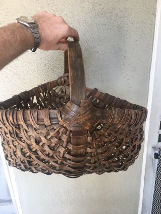 Large Antique American Bentwood Woven Oak Buttocks Splint Basket 19th C As - Found