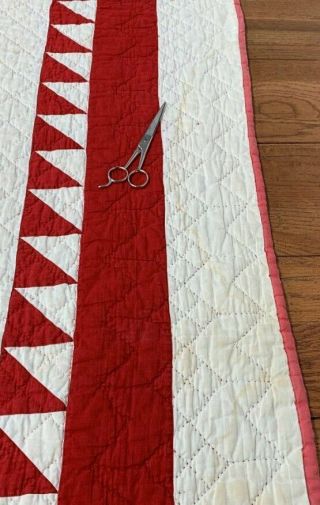 Redwork in Center c 1900s RED Sawtooth Diamond QUILT Vintage Dog Bird 11