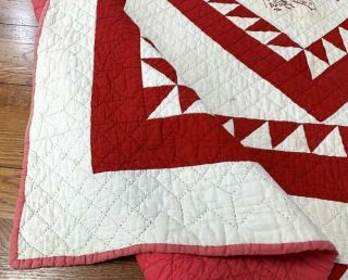 Redwork in Center c 1900s RED Sawtooth Diamond QUILT Vintage Dog Bird 5