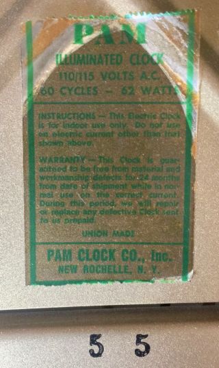 Vintage 50 ' s PAM Illuminated Wall Clock 