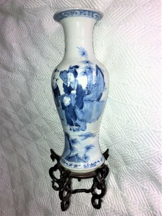 Antique Chinese Blue White Porcelain Vase With Teak Stand Kangxi Qianlong Marked