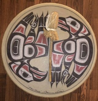 Northwest Coast Haida Indian Shaman Hand Drum /stick Signed Clarence A Wells 11”