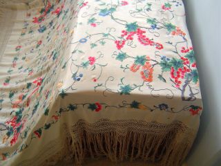 Antique Hand Embroidered Silk Piano Shawl Canton Manton de Manila 5