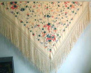 Antique Hand Embroidered Silk Piano Shawl Canton Manton de Manila 7