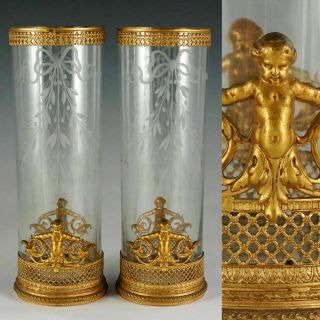 Pair Antique French Gilt Bronze Empire Glass Vases Ornate Ormolu Putti Figures