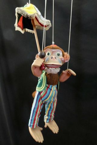 Vintage Pelham Dancing Monkey 5 - String Marionette Puppet Holding Umbrella 1960