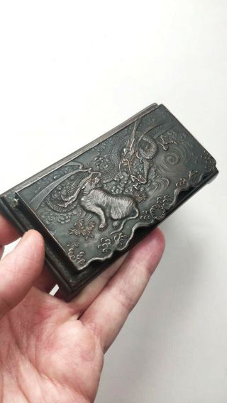 Antique Japanese Meiji Bronze Dragon & Tiger Snuff Box 10