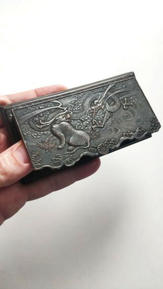 Antique Japanese Meiji Bronze Dragon & Tiger Snuff Box 2