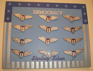 Ww2 Home Front Full Display Card Of 12 Democracy Sterling Silver Enameled Wings