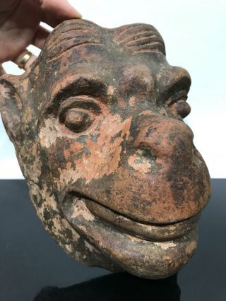 Ancient Pre - Columbian Art Pottery Monkey Face Mask Artifact Figurine Sculpture