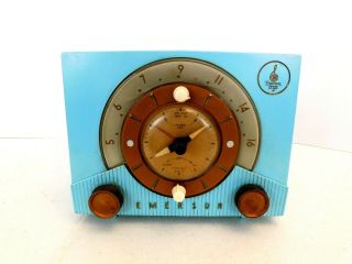 Vintage 50s Emerson Eames Era Atomic Blue Old Mid Century Antique Clock Radio