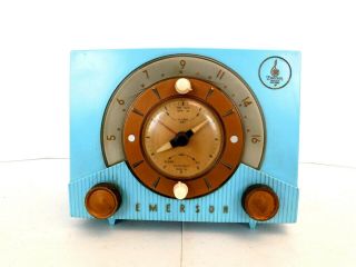 VINTAGE 50s EMERSON EAMES ERA ATOMIC BLUE OLD MID CENTURY ANTIQUE CLOCK RADIO 9