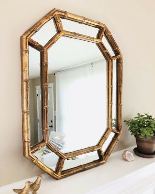 Vintage Gold Bamboo Octagon Wall Mirror Hollywood Regency Elegant Chinoiserie