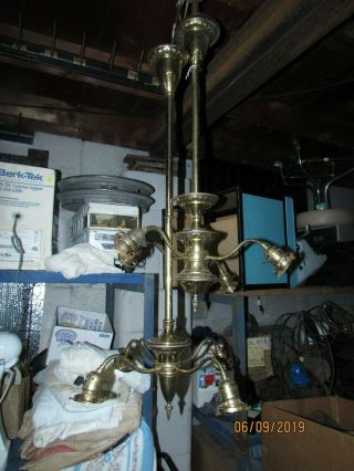 Vtg Bryant Brass Hanging 4 Bulb Light Fixtures W 8 Etched Glass Shades