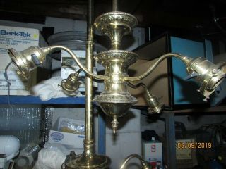 VTG BRYANT BRASS HANGING 4 BULB LIGHT FIXTURES W 8 ETCHED GLASS SHADES 3