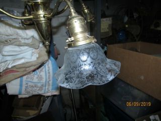 VTG BRYANT BRASS HANGING 4 BULB LIGHT FIXTURES W 8 ETCHED GLASS SHADES 4