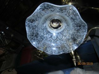 VTG BRYANT BRASS HANGING 4 BULB LIGHT FIXTURES W 8 ETCHED GLASS SHADES 5