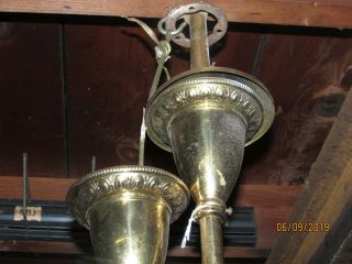VTG BRYANT BRASS HANGING 4 BULB LIGHT FIXTURES W 8 ETCHED GLASS SHADES 6