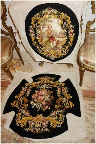 2 Colors.  French Antique Needlepoint 2 Pc For Chair,  Pillows,  Stool