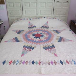 Antique American Depression Era Hand Quilted Star Quilt With Border 78 " Lx71 " W
