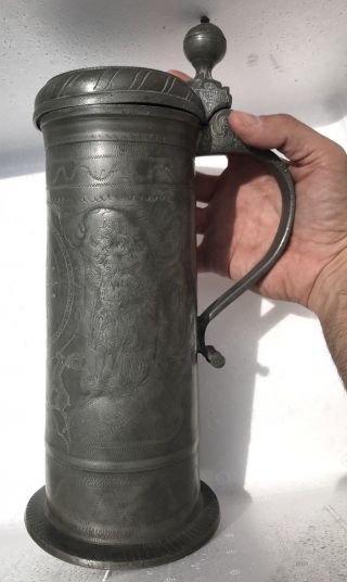Antique 18th Century Armorial German 34cm Tankard Beer Stein Finely Engraved 3