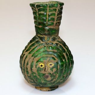 Scarce - Early Roman Green Glass Bottle In Face Shape Circa 50 - 100 Ad - Intact